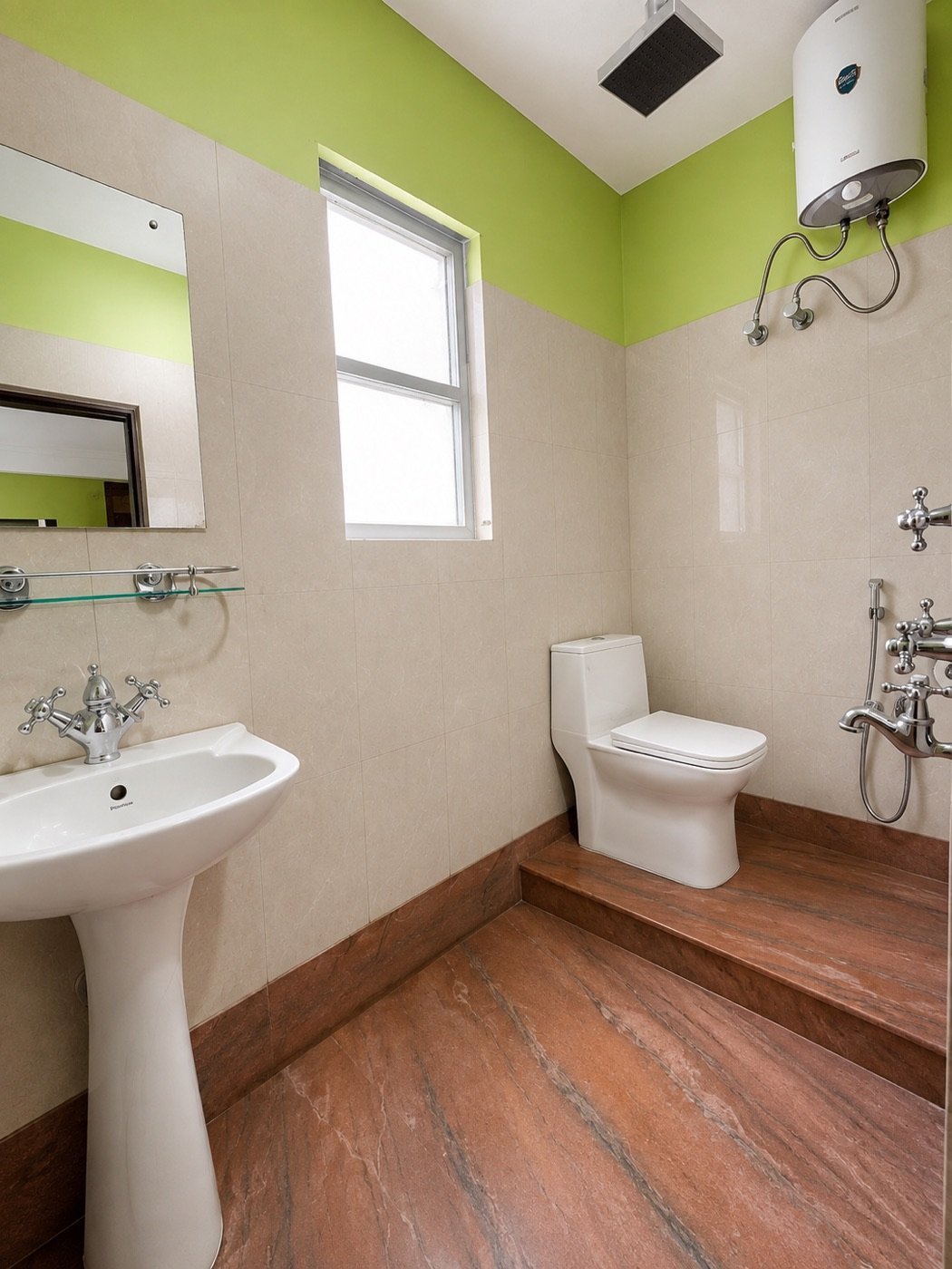 Private attached bathroom with shower and hot-water geyser at Saino Heritage Bungalow